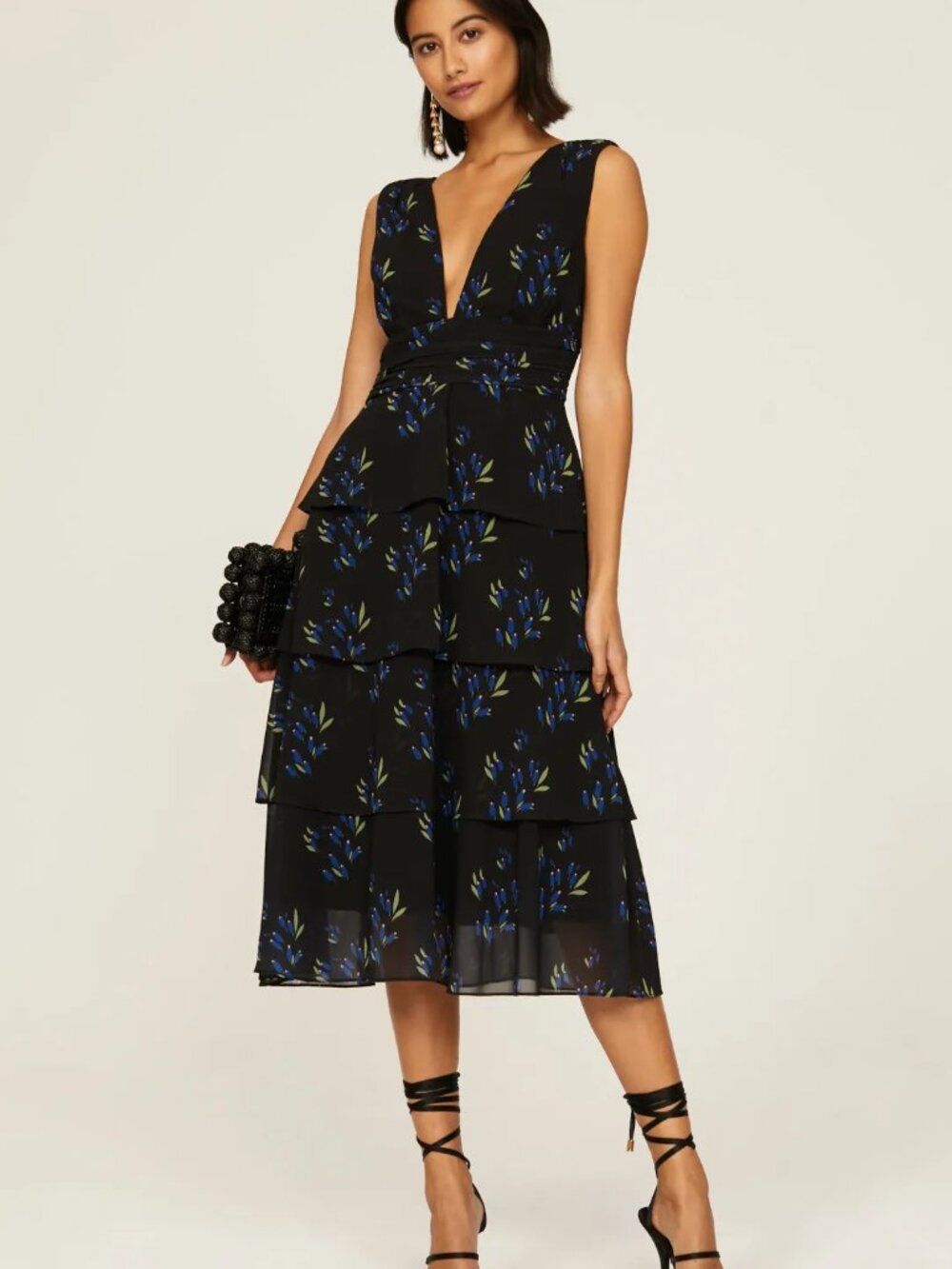 AMUR Fionna Ruffle Tiered Midi Dress with Blue & Olive Floral Print